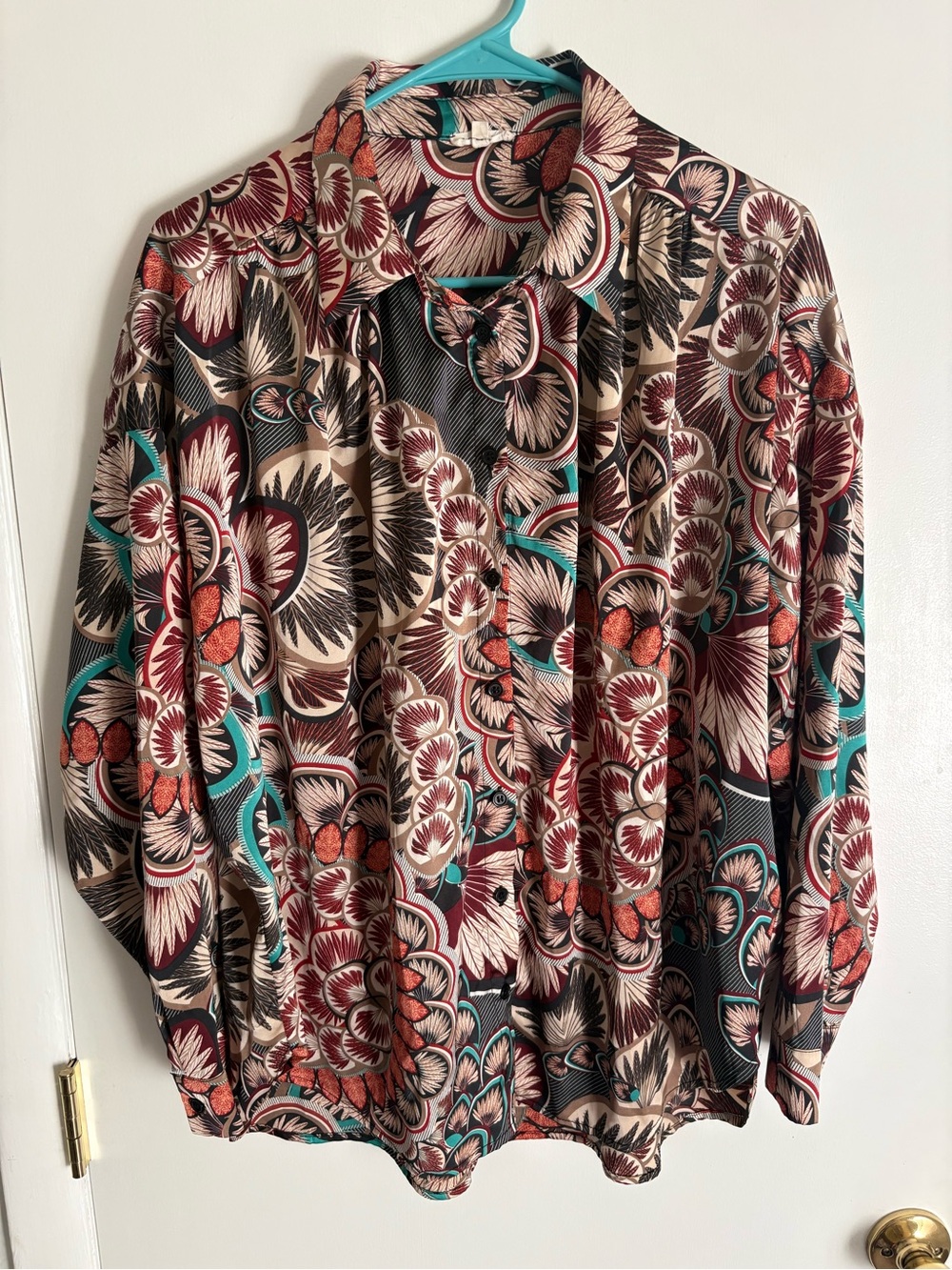 Women’s Floral Button-Up Shirt in Burgundy, Teal & Beige